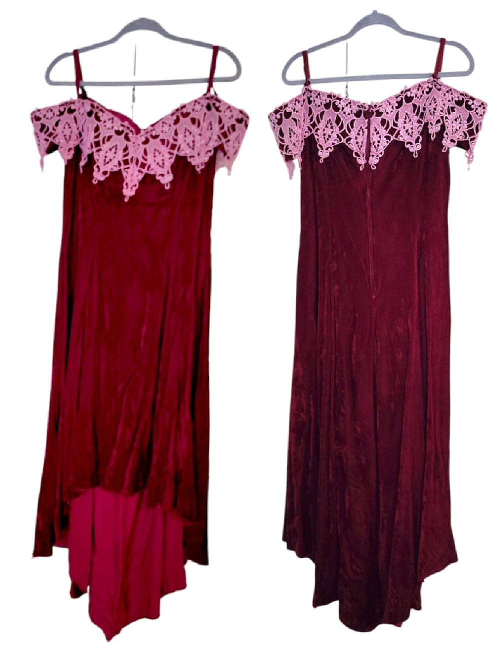 VTG 80s Burgundy Velvet Pink Brocade High Low Midi Prom Dress SZ 15/ 16 - Picture 7 of 13